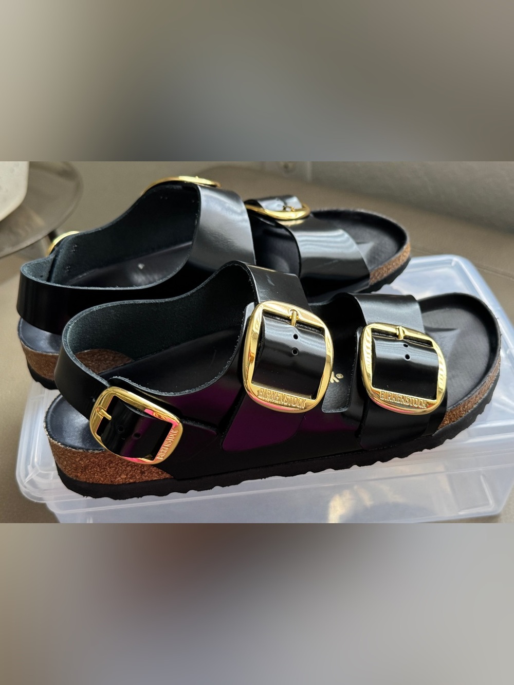 Birkenstock Arizona Patent Sandal - Black with Gold Buckles